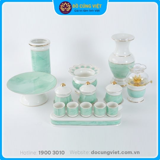 Hình ảnh Trọn bộ đồ thờ gốm sứ cao cấp màu xanh lá