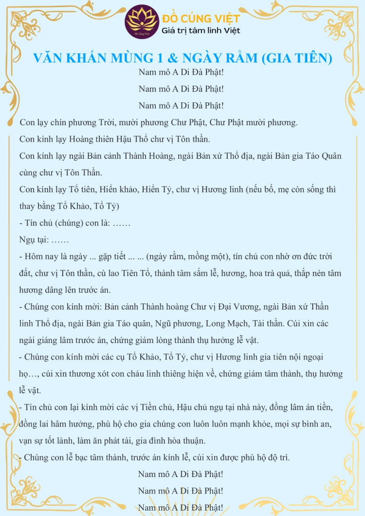 Văn khấn mùng 1 và ngày Rằm cúng Gia tiên