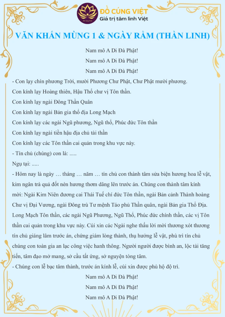 Văn khấn mùng 1 và ngày Rằm cúng Thần linh