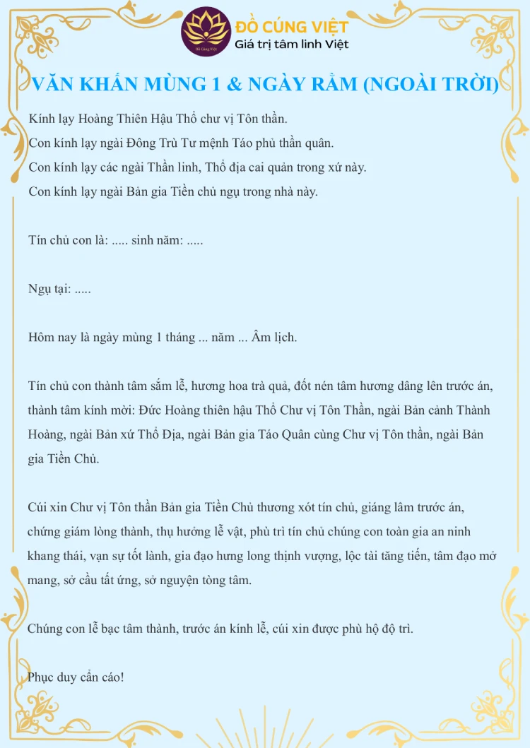Văn khấn mùng 1 và ngày Rằm cúng ngoài trời